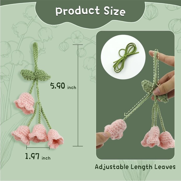Handmade Kawaii Woven Pink Bell Flower Plant Knit Car Mirror Hanging Accessory - Picture 4 of 10
